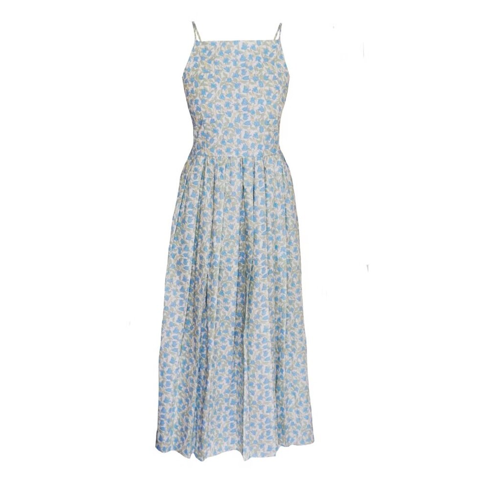 NWT Coco Shop Pleated Dress Blue Bougainvillea Floral Print Size XS